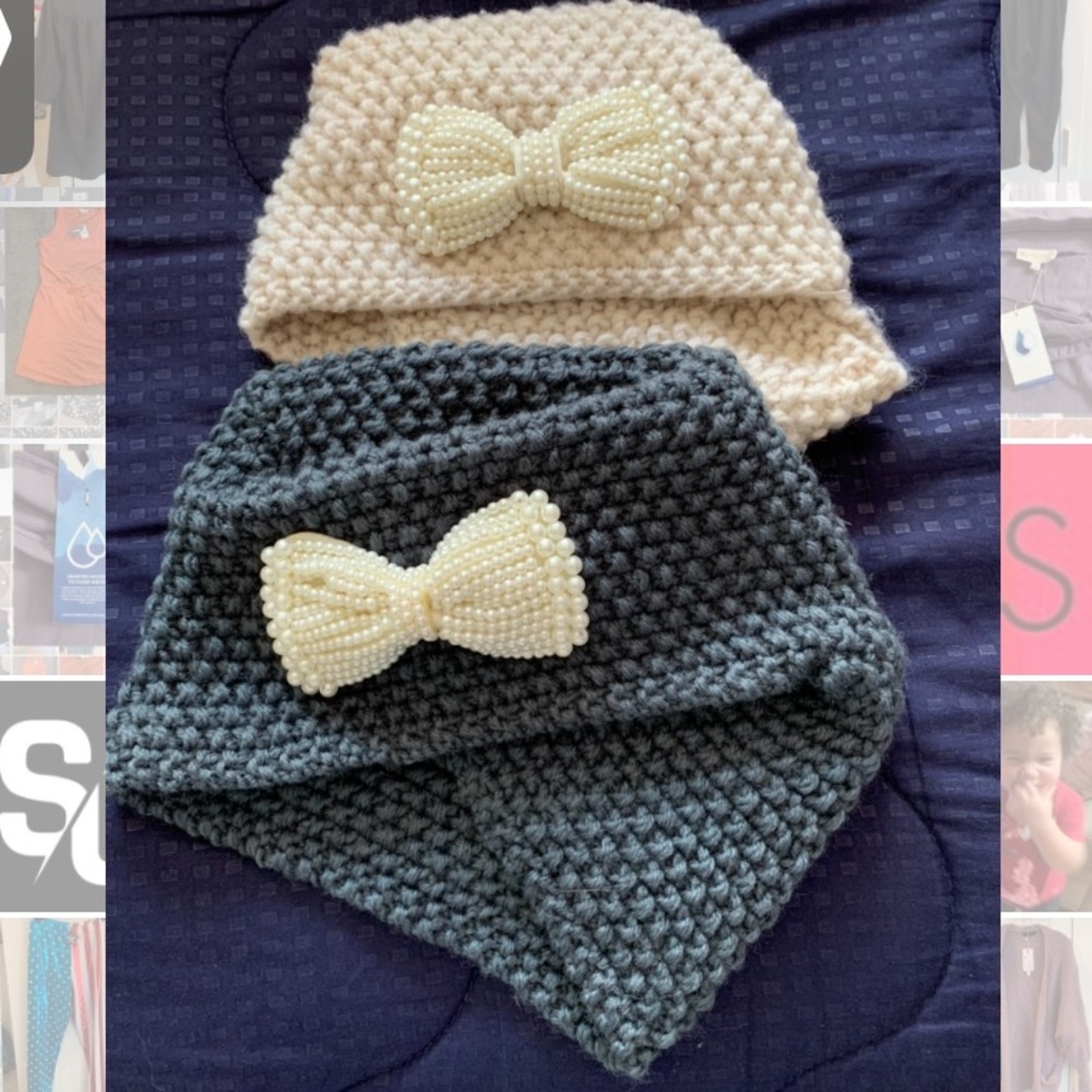 Set of 2 Hand Made Knitted Hats with Pearl Bowties Winter Boutique Unique